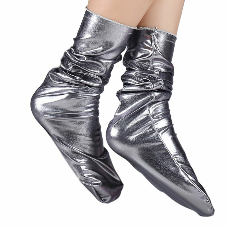 Women Girls Faux Patent Leather Loose Crew Socks Funny Shiny Metallic Wetlook Solid Color Warm Mid Tube Stockings Clubwear