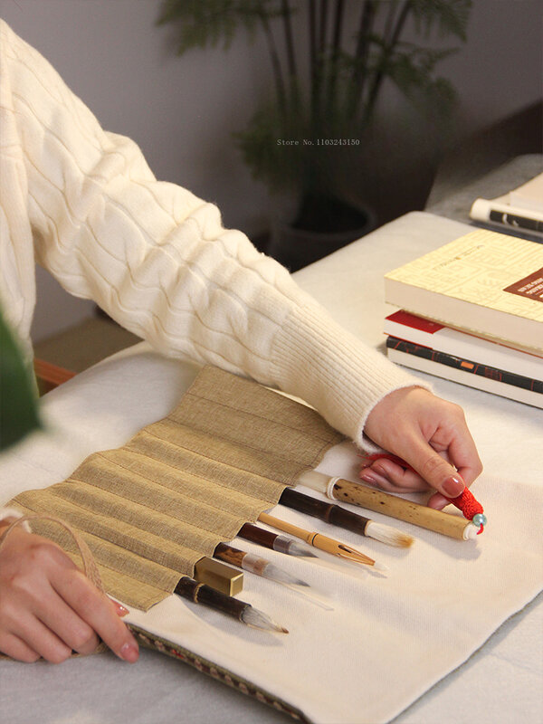 34x35cm jutowa zasłona na długopis do nauki torba do przechowywania przenośna towarzysząca materiały do kaligrafii pędzel codzienna praktyka narzędzie do malowania