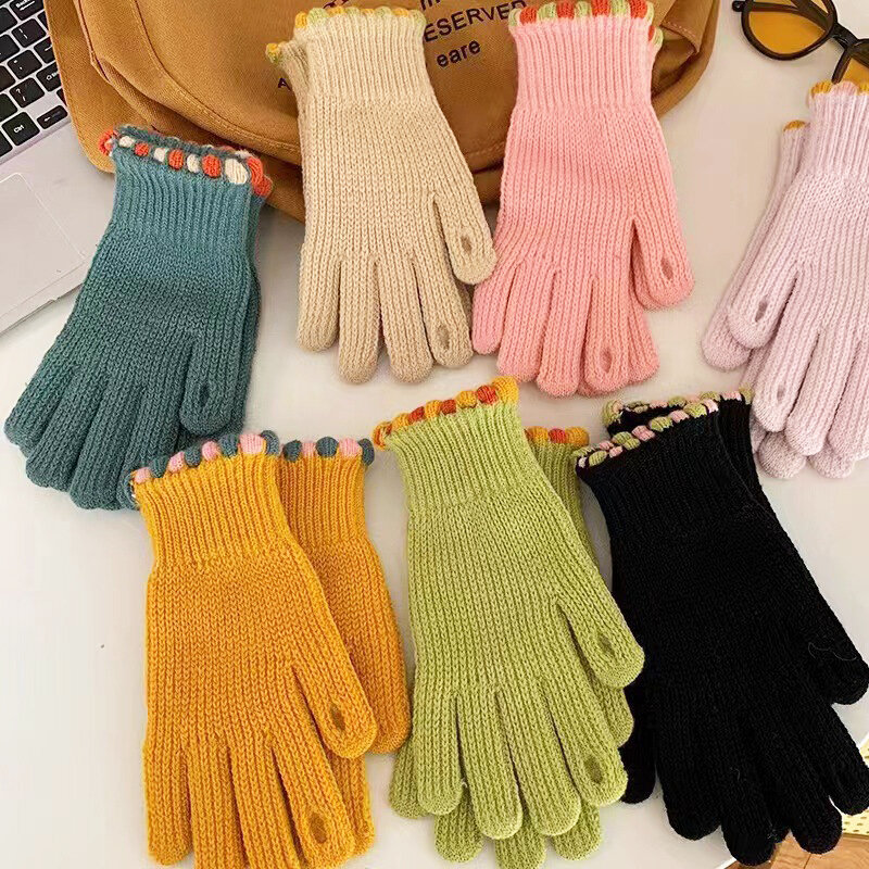 Solid Knitted Winter Women's Touch Screen Windproof Warm Cold Resistant Wool Gloves Women's Split Wool Lace Cycling Finger