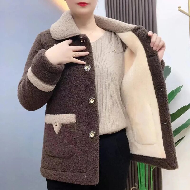 Casaco feminino de lã de cordeiro inverno, velo mais veludo, casaco de algodão acolchoado, casaco de pele para mãe, 5XL, 2023