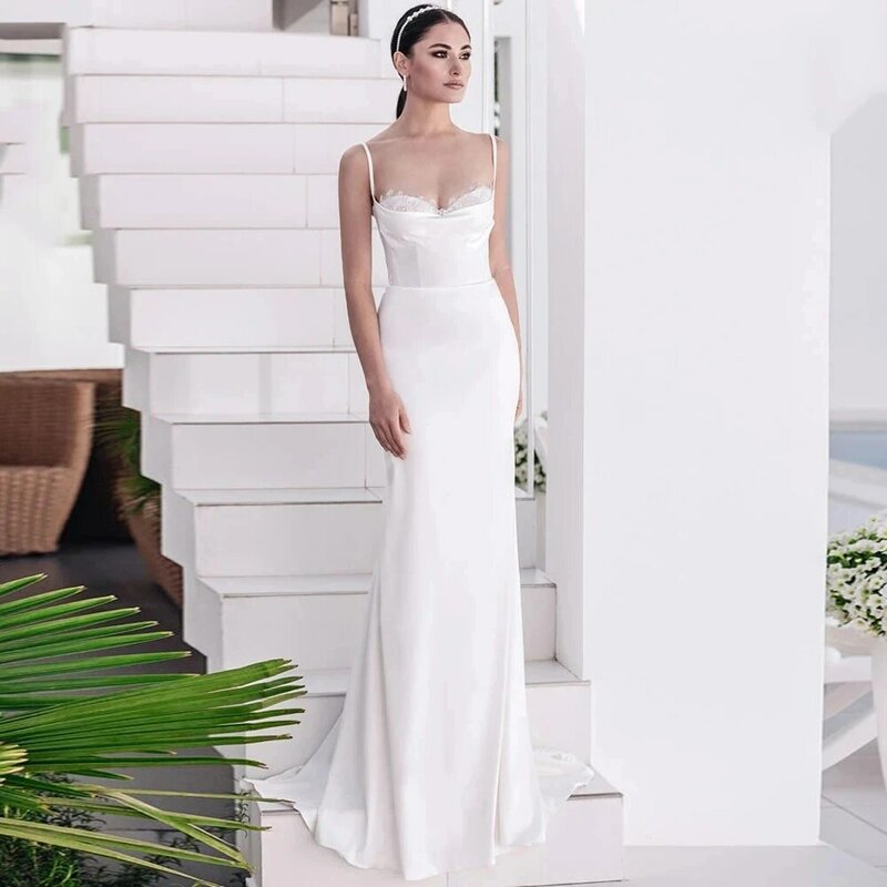 Gaun pernikahan Satin elegan untuk wanita, gaun pengantin putri duyung elegan kualitas tinggi, gaun pengantin elegan untuk wanita