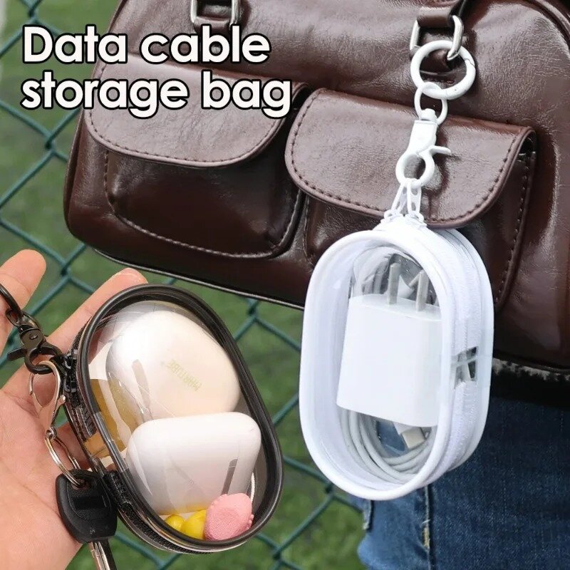 Mini PVC sacos transparentes com gancho, cabo de carregamento, cabo de dados portátil, fone de ouvido, carregador de moeda