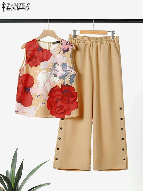 ZANZEA celana panjang samping kaki lebar, setelan pakaian 2 potong Tank Top motif bunga kasual liburan musim panas