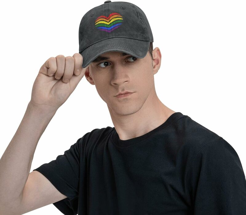 Rainbow Gay Pride Heart Hat for Men Funny Black Denim Cap Women Vintage Adjustable Dad Hat Summer Trucker Hat
