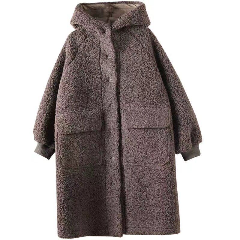 2024 модная женская куртка из искусственного меха осень-зима литературное искусство винтажное Свободное пальто с капюшоном из меха ягненка Женское пальто средней длины