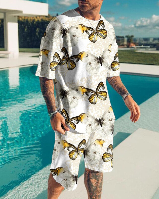 夏男性のアクティブウェア特大tシャツセットビーチスタイル3Dプリント2ピーストレンドショーツtシャツカジュアルトップヴィンテージ衣装