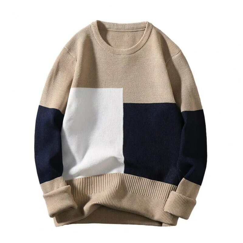 캐쥬얼 라운드넥 긴팔 남성용 스웨터, 아늑한 남성용 컬러 블록 니트 스웨터, 두껍고 따뜻한 스타일리시 가을 겨울 풀오버