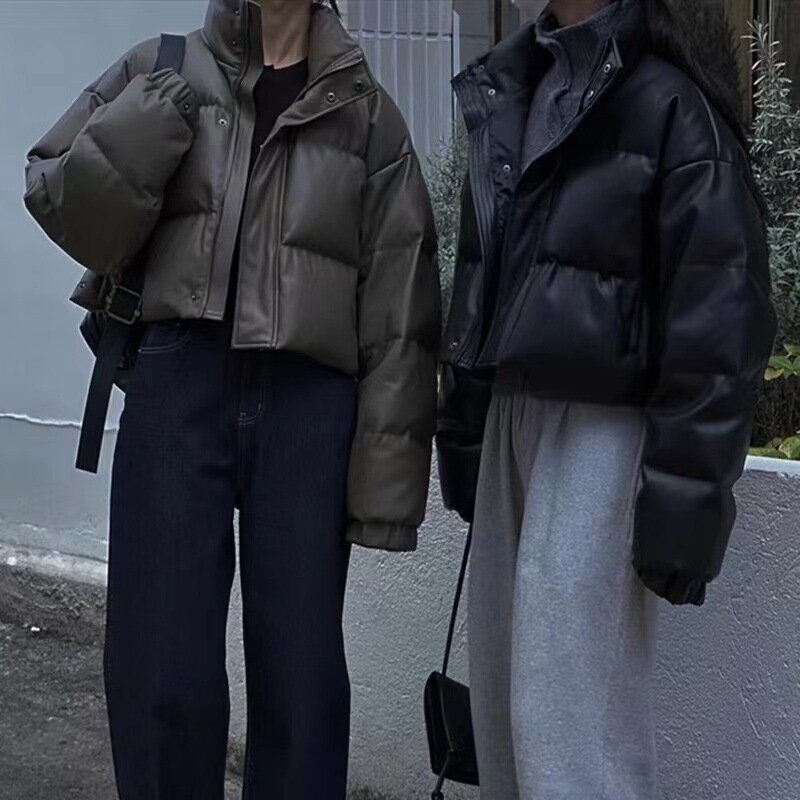 Herbst Winter verdickt warmes Leder Parkas Frauen lose Stehkragen Mäntel weibliche elegante elastische Manschetten gepolsterte Jacken