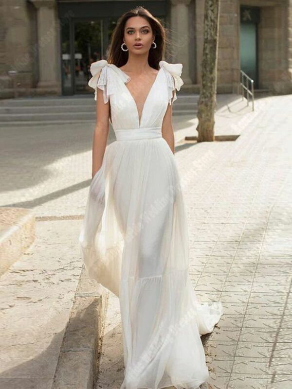 Celebrity Tulle Deep-V Bridal Gowns For Women Formal Long Sleeves A-Line Wedding Dresses Lace Applique Party Vestidos De Novias