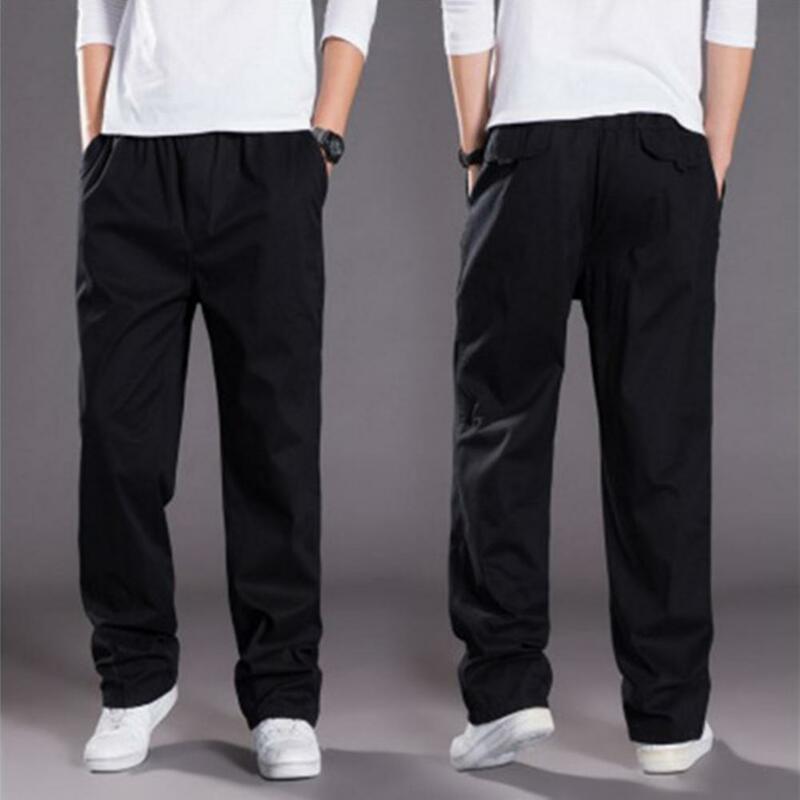 Men Cargo Pants Spring Fall Elastic Waist Drawstring Casual Pants Loose Large Pocket Male Straight Wide Leg Trousers