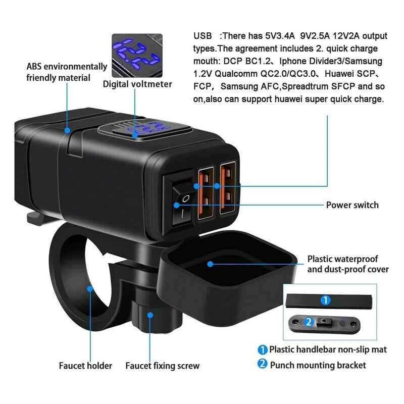 Wasserdichte Motorrad Dual USB Schnelle Ladegerät Port Power Adapter Voltmeter & Auf/Off, für Telefon Gps Tablet Etc