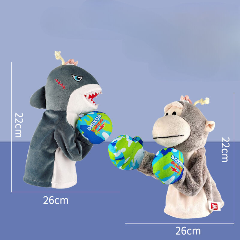 Śliczne kukiełki małpy rekina pluszowa lalka kreskówki śmieszne pacynki zwierząt wygodne zabawka w kształcie zwierzątka boks brzmiące lalka na prezent dla dziecka
