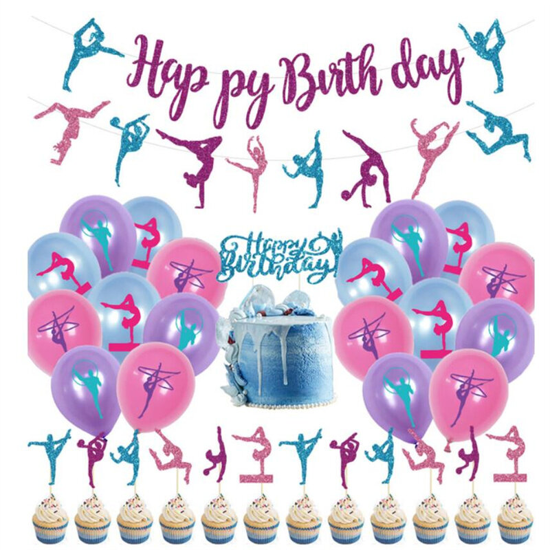 Decoración de fiesta de cumpleaños con temática de gimnasia, globos, pancarta de feliz cumpleaños, conjunto de adorno para pastel, escenas de fiesta deportiva para niña