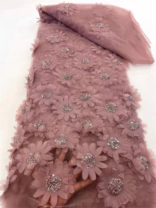 Tissu de tulle de dentelle perlée blanche africaine de luxe, tissu d'applique brodé de fleurs 3D, matériel de tulle français, 5 mètres, 2024