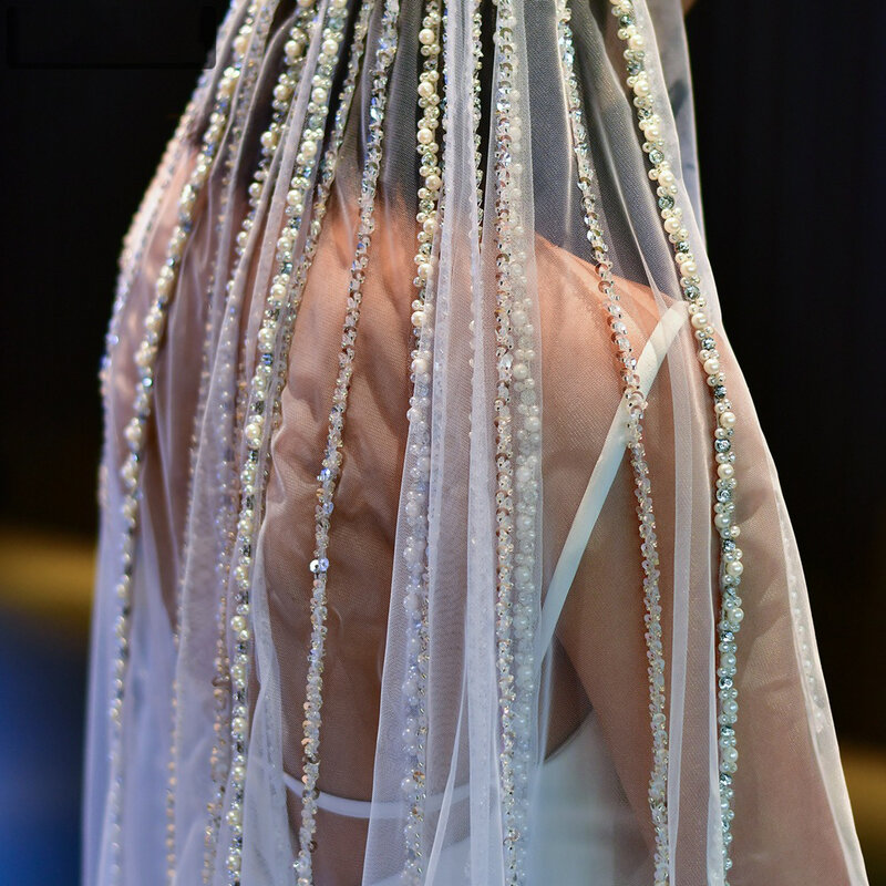 BL4047 Beaded bridal headdress single layer long headdress wedding veil