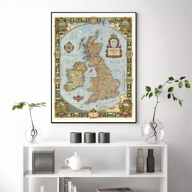 A2 rozmiar Vintage królestwo wielkiej brytanii mapa w 1937 grzywny płótnie malarstwo dla pokoju gościnnego dekoracje ścienne do domu