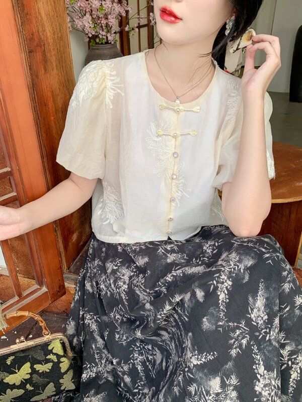 High-End-Retro neue chinesische Stil Knopf bestickt Blumen hemd für Frauen Sommer kurz ärmel ige kleine Hemd Top weibliche Kleidung