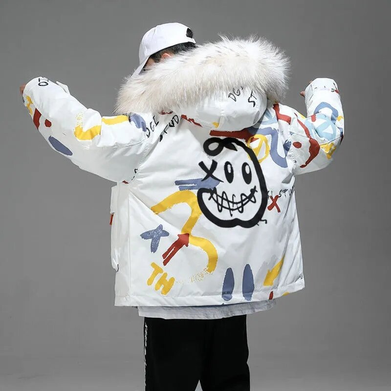 Chaqueta de plumón con estampado de dibujos animados para hombre, cortavientos grueso con capucha, chaquetas acolchadas Harajuku de gran tamaño, abrigo de invierno