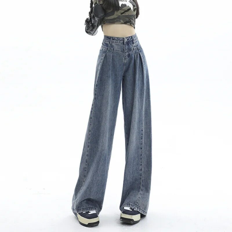 Женские мешковатые джинсы с завышенной талией, прямые тонкие драпированные универсальные широкие брюки, джинсы, корейская мода, уличная мода