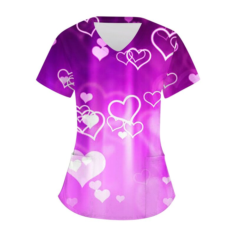 Corações femininos estampados manga curta com decote em v, blusa de bolso, uniforme de bolso médico, tops do dia dos namorados, 2023