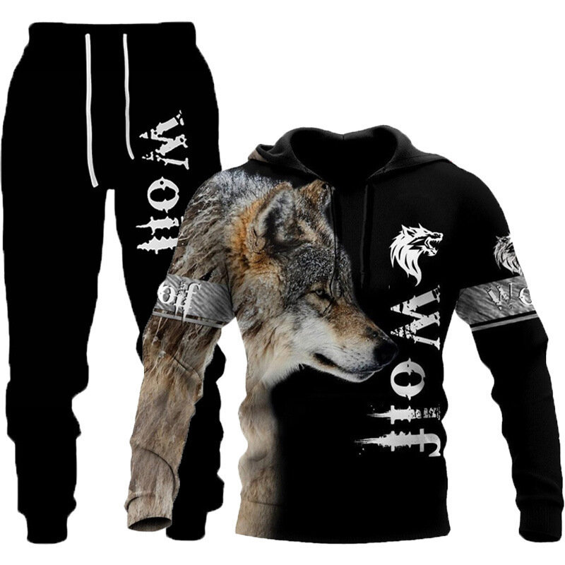 3D tigre e lobo impresso com capuz e calças para homens e mulheres, conjunto de treino, sportwear, roupas legais, animais, outono, inverno, 2 peças