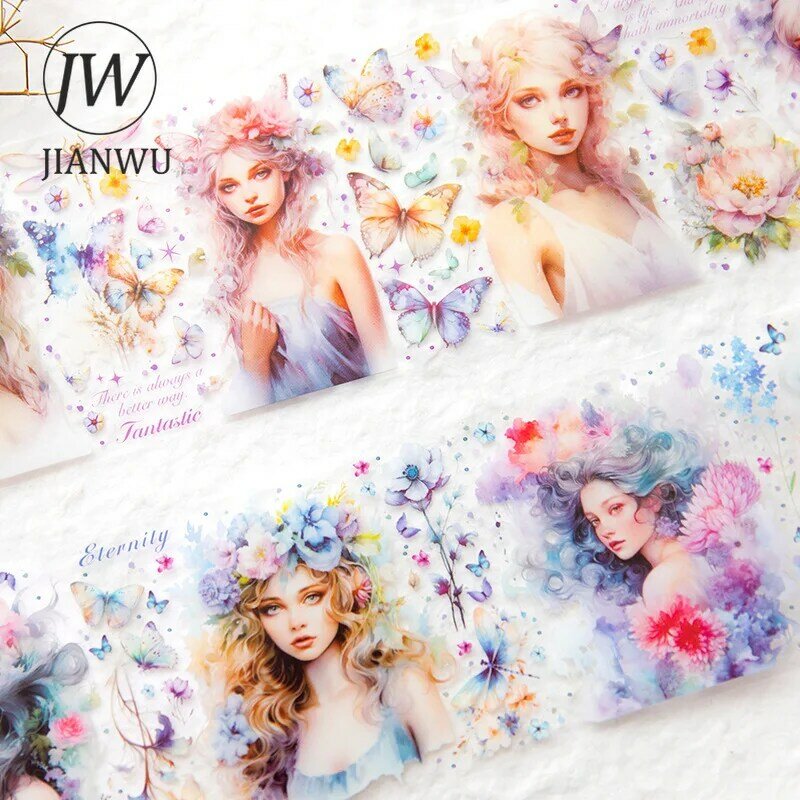 JIANWU 65mm * 300cm The White Dream of Dark Flower Series Vintage Character Decor PET Tape Creative DIY Journal Collage cancelleria