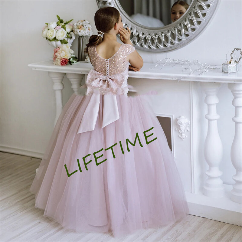 Gaun perempuan bunga A-Line manik-manik mutiara merah muda yang indah untuk 2024 pernikahan Tulle tanpa lengan pesta ulang tahun gaun Komuni Pertama anak-anak