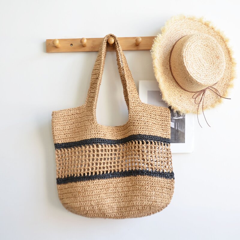 Bolsa de palha tecida para mulheres, bolsa de ombro boêmia oca, corda de papel, sacos de praia de tricô, bolsa listrada