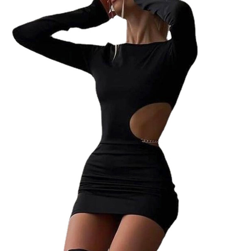 Sexy manica lunga Cut Out Dress donna vita catena di metallo estate nero Y2k abito corto aderente Party Club abbigliamento donna 26822