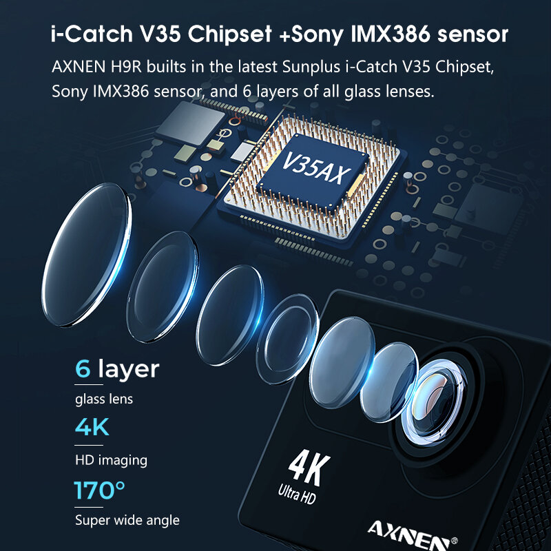 AXNEN-H9R H9 Câmera de Ação, Ultra HD, 4K, 30fps, 1080P, 60fps, WiFi, 2 polegadas, 170D, Impermeável, Capacete, Gravação de Vídeo, Câmera Esportiva