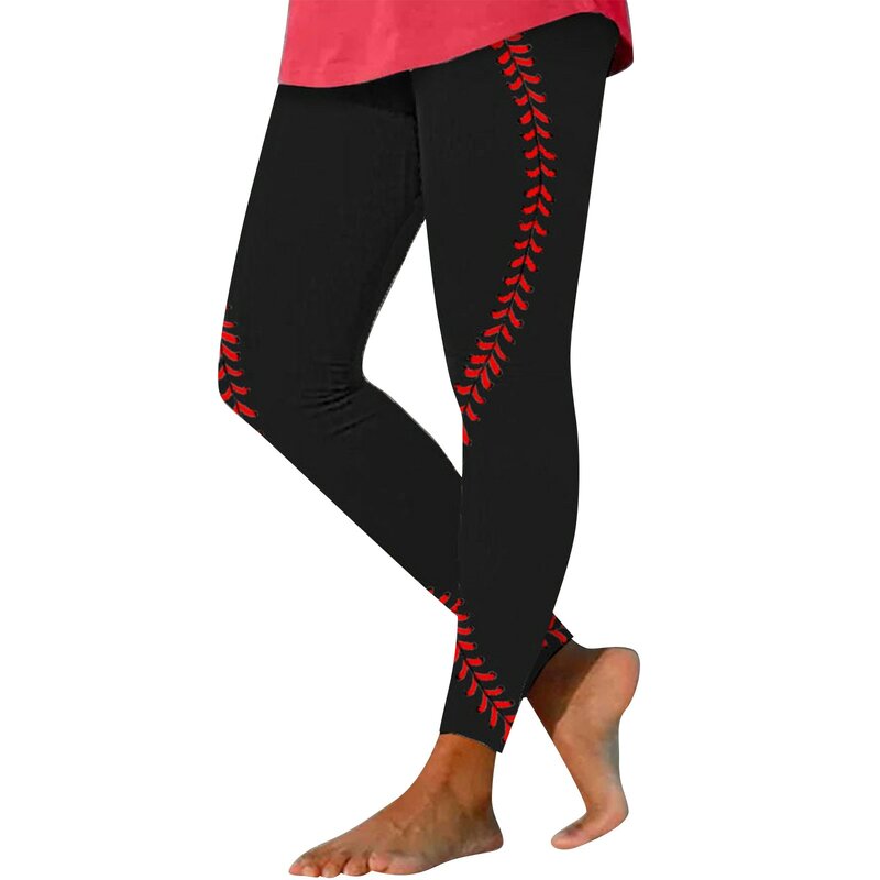 Calças de ioga de cintura alta feminina, leggings estiramento feminino, algodão com bolsos, estampa de beisebol, calças de ginástica, casa