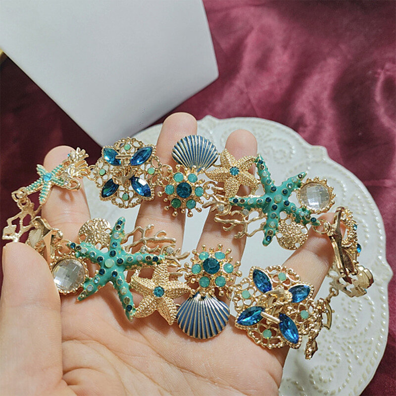 Conjuntos de jóias estilo oceano vintage para mulheres, colar e pulseira de diamantes embutidos estrela mar concha, brinco de prata para meninas