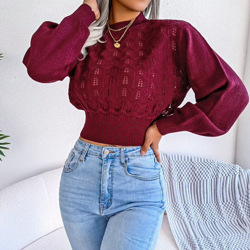 Women's Sweater2023 Autumn/winter Street Style Fashion Casual Hollow Striped Lantern Sleeves Exposed Umbilical Knitted Sweater