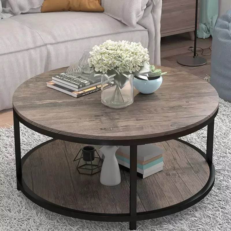 Meja kopi 36 "untuk ruang tamu 2 tingkat kayu Desktop & kaki logam kokoh meja furnitur rumah dengan rak penyimpanan (kenari) meja