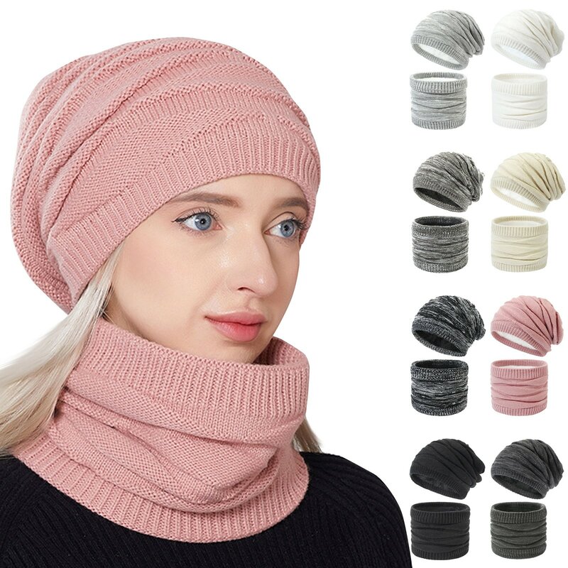 2pcs/Set Fashion Women Winter Warm Hat Scarf Set Solid Color Knitted Thick Plush Windproof Outdoor Ski Cycling Warm Scarf Cap