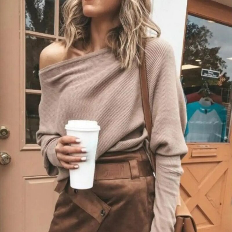 Popularny sweter damski na jedno ramię sweter z odkrytymi ramionami sweter z raglanowym rękawem damski sweter przyjazny dla skóry