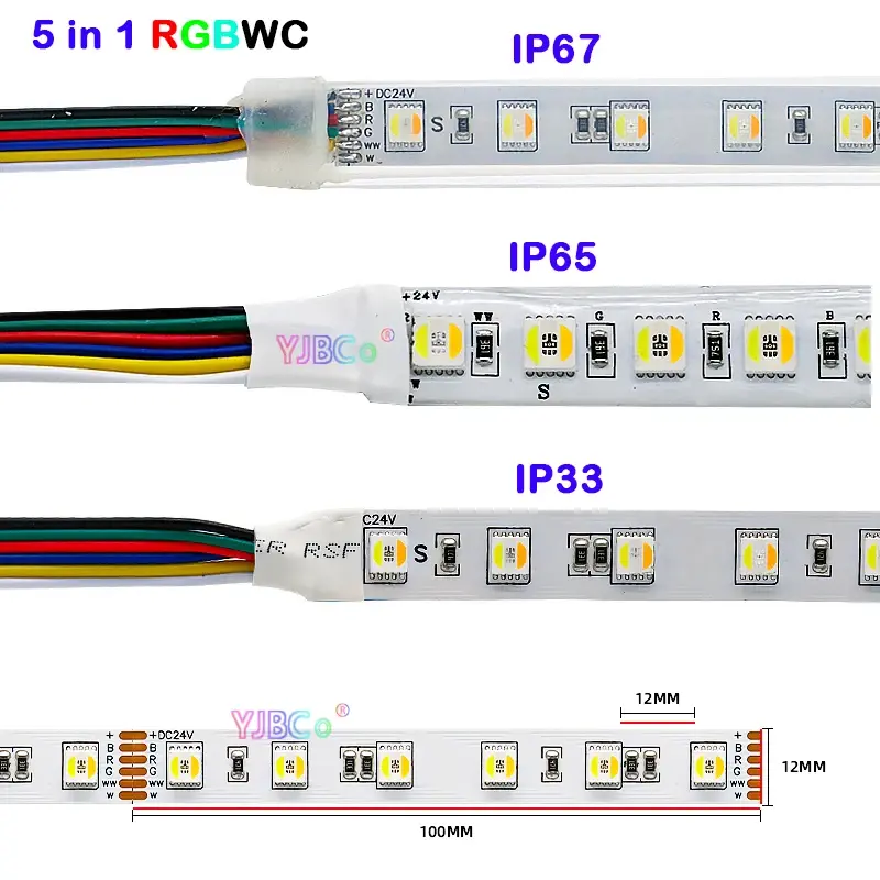 Bande lumineuse RGBCCT 5 en 1, haute luminosité, SMD 5050, 60, 96 LED/m, DC 12V/24V, RGB + CW/WW, RGBWC, ruban pour documents, température, 5m