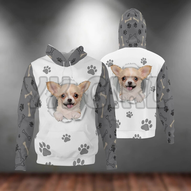 Chihuahua-Paw Dog Hoodie Cetak 3D Pullover Uniseks Hoodie Anjing Lucu Olahraga Jalanan Kasual