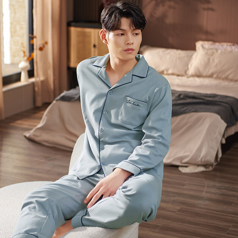 Simple Style Men Clothing Man Pyjamas Set Full Pure Cotton Long-sleeved Sleepwear Turn Colar Cardigan Male Letter Homewear