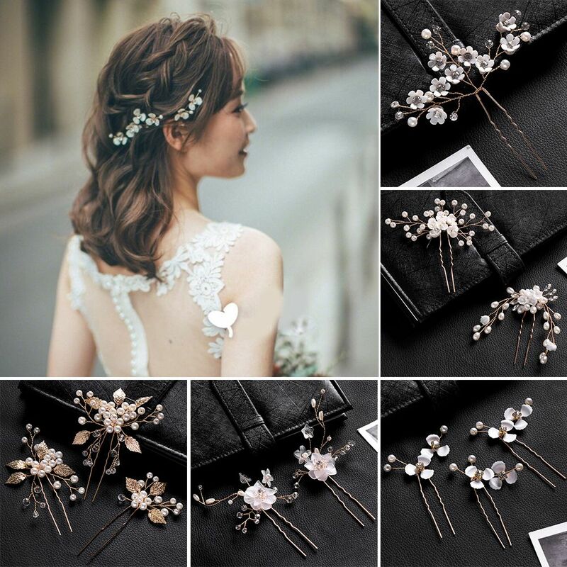 Women Hairpins Hair Clips Headpieces Wedding Hair Jewelry Accessories Crystal Pearls Hair Forks for Bridal Hairstyle
