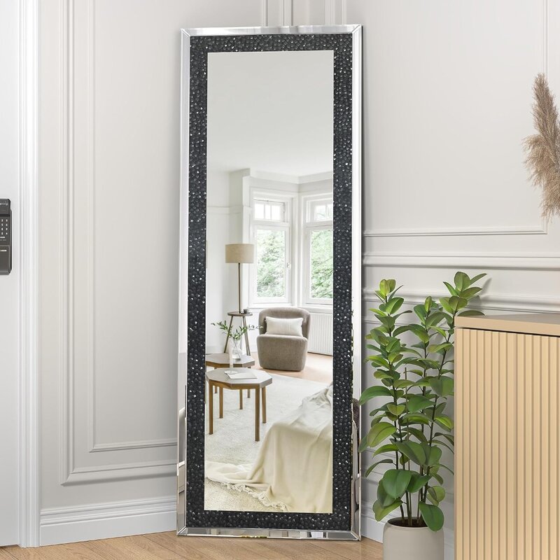 Crystal Full Length Mirror with Stand 59" x 18" Black Crushed Diamond Full Body Mirror Long Standing Mirror for  Living Room