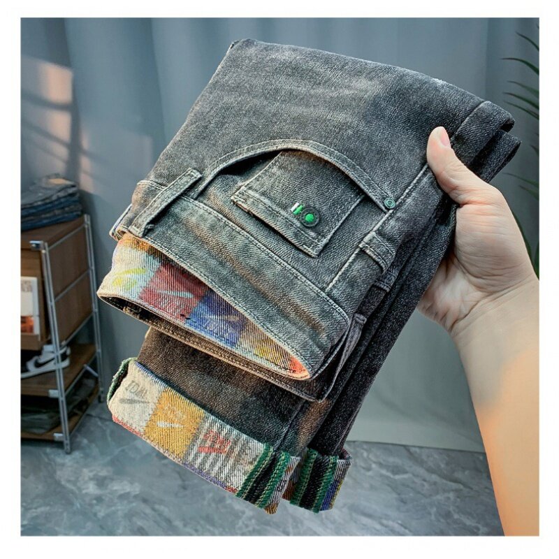 2024 Street Jeans Men's Spring New High-End Casual Trend Printed Stretch Slim Fit Skinny Fashion Cropped Pants