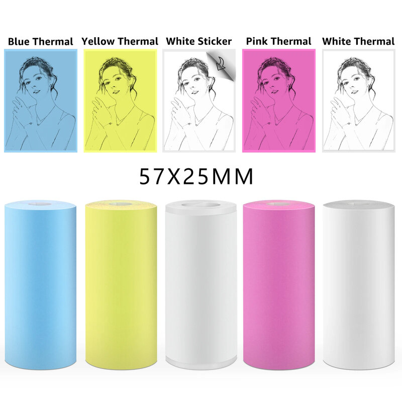 Papel de impresora térmica de etiquetas A6, adhesivo de Color blanco para impresora fotográfica de 57x25mm, Peripage, Paperang, Poooli, Baypage, A8, P1, P2