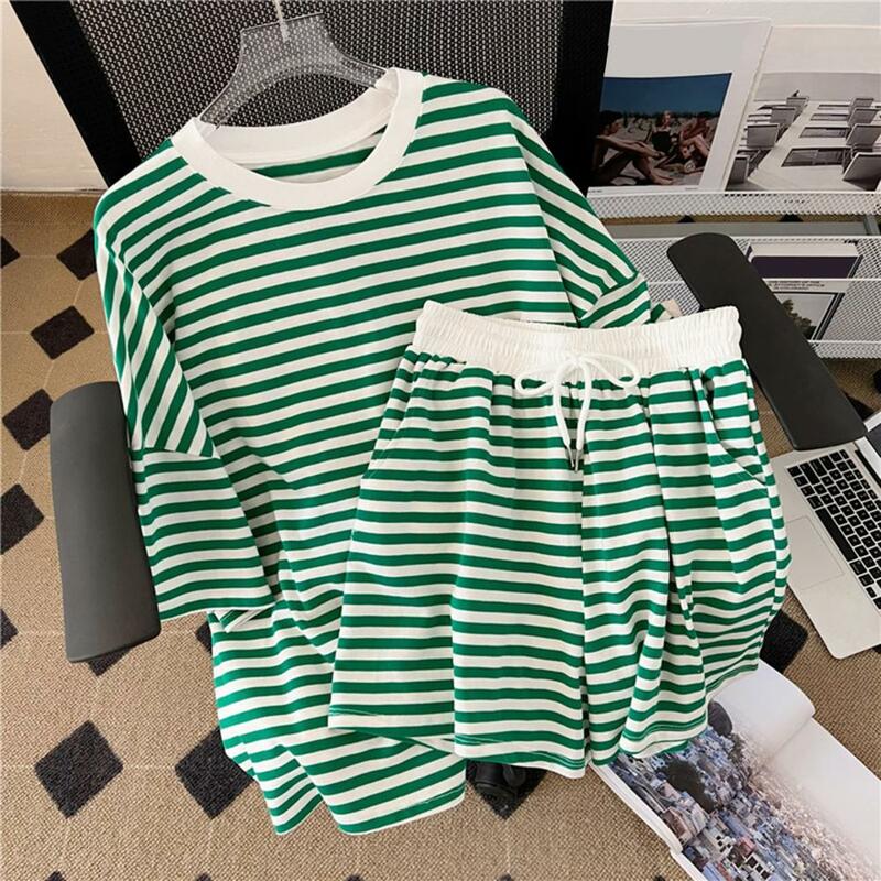 Striped Shorts And Top Sets Short Sleeves Tee Top Short Pants Suit 2022 Summer 2 Piece Outfits T-shirt Blouses Wide Leg Shorts