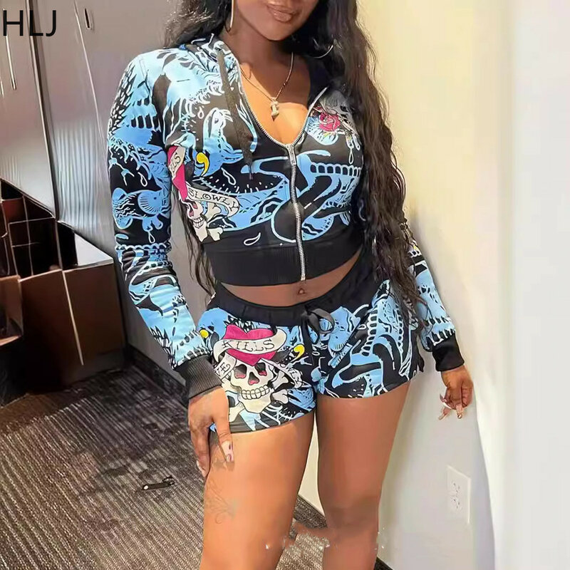 HLJ Black Fashion Y2K Trend Streetwear Women Zipper Hooded Long Sleeve Crop Top And Shorts Two Piece Set Spring New 2pcs Outfits