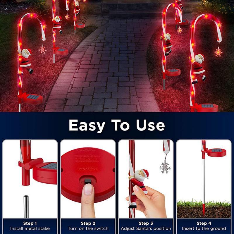 2Pcs Solar Powered Christmas Candy Cane Stake Lights Waterproof Cartoon Light With Santa For Garden Pathway Christmas Decoration