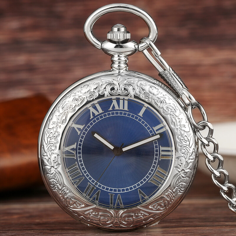 エレガントな青い時計透明ガラスカバーメンズ機械巻き自動巻きポケット時計エレガントなアンティークペンダント時計ギフト男性