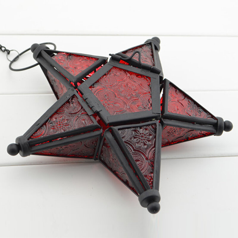 Estilo marroquino pendurado suporte de luz, vidro colorido tealight, forma de estrela, interior e exterior, decoração home, vento