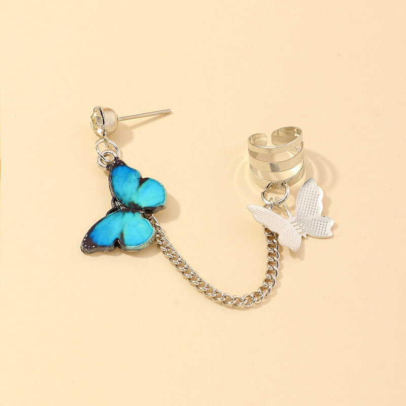 New Romantic Blue Butterfly Earrings Punk Style Cool Girl Colorful Butterfly No Piercing Chain Ear Clip Accessories Jewelry