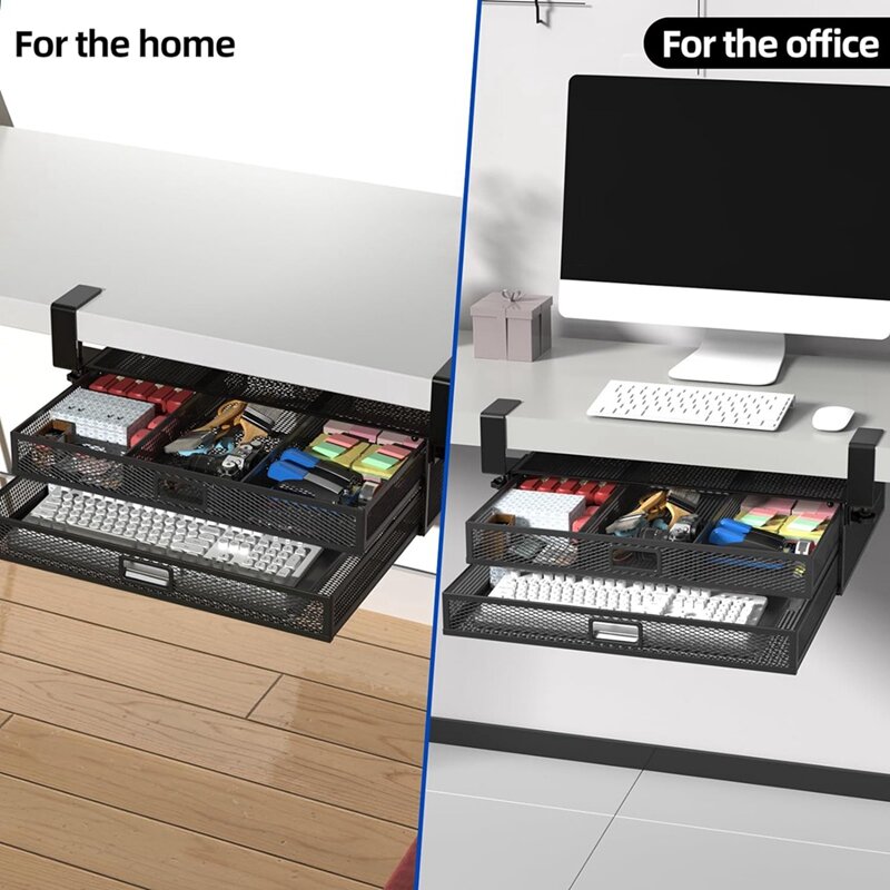 Ящик-органайзер для нижнего стола, без сверления, 2 выдвижных ящика для нижнего стола, прочный зажим для хранения Под ящиком для дома и офиса